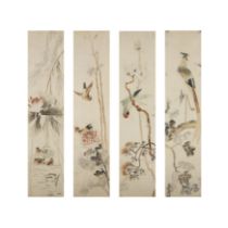 A set of silk embroideries of the four seasons Late Qing dynasty Four pale cream silk panels em...