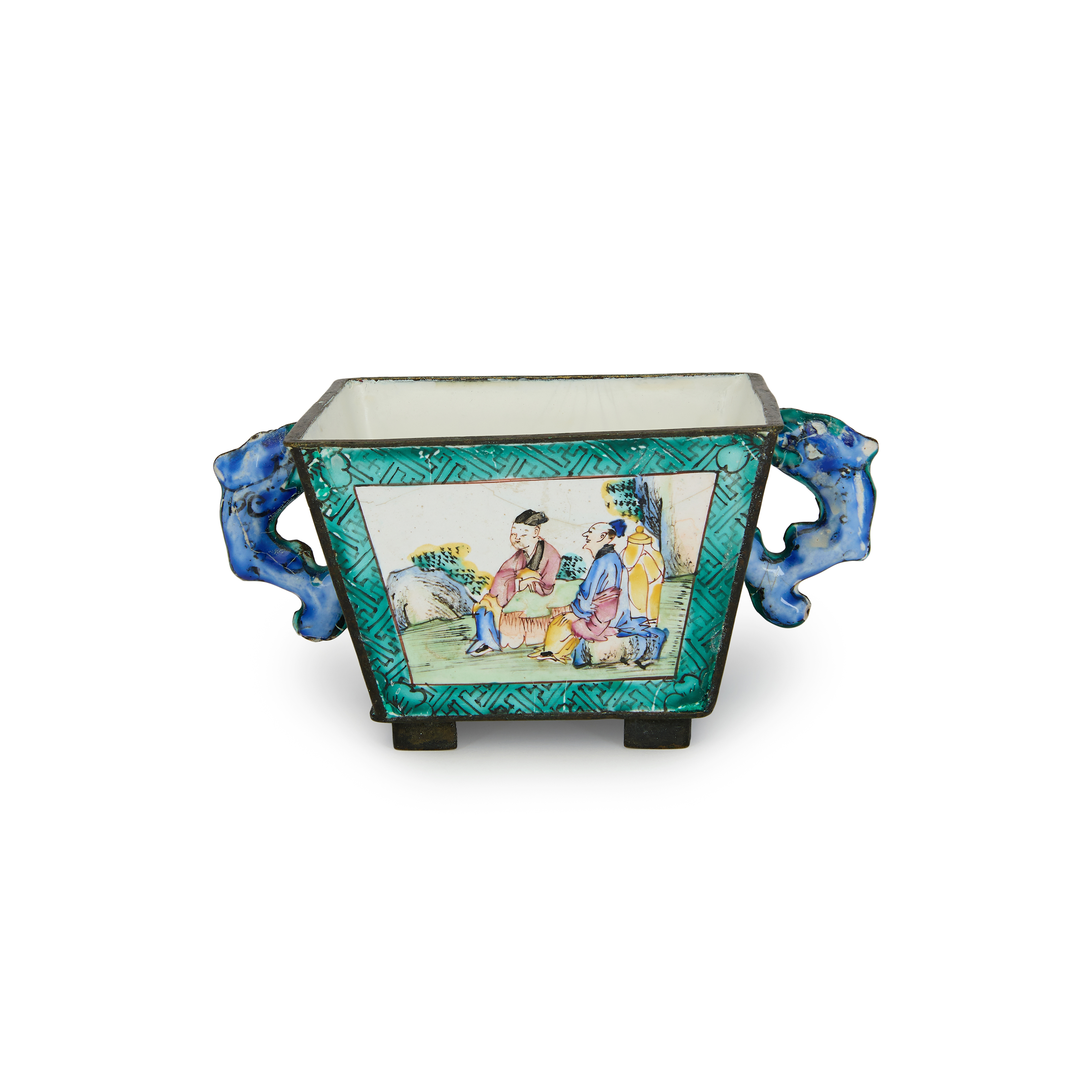 A Chinese painted enamel square-section wine cup Qing dynasty, 18th/19th century Decorated with...