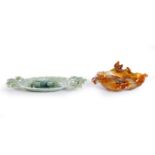 A Chinese green jade 'crab' dish and an agate 'frogs and lotus' bowl 20th century The first of ...
