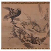 After Soga Shōhaku (1730-1781) A Japanese painting of cinereous vulture and monkeys on stylised ...