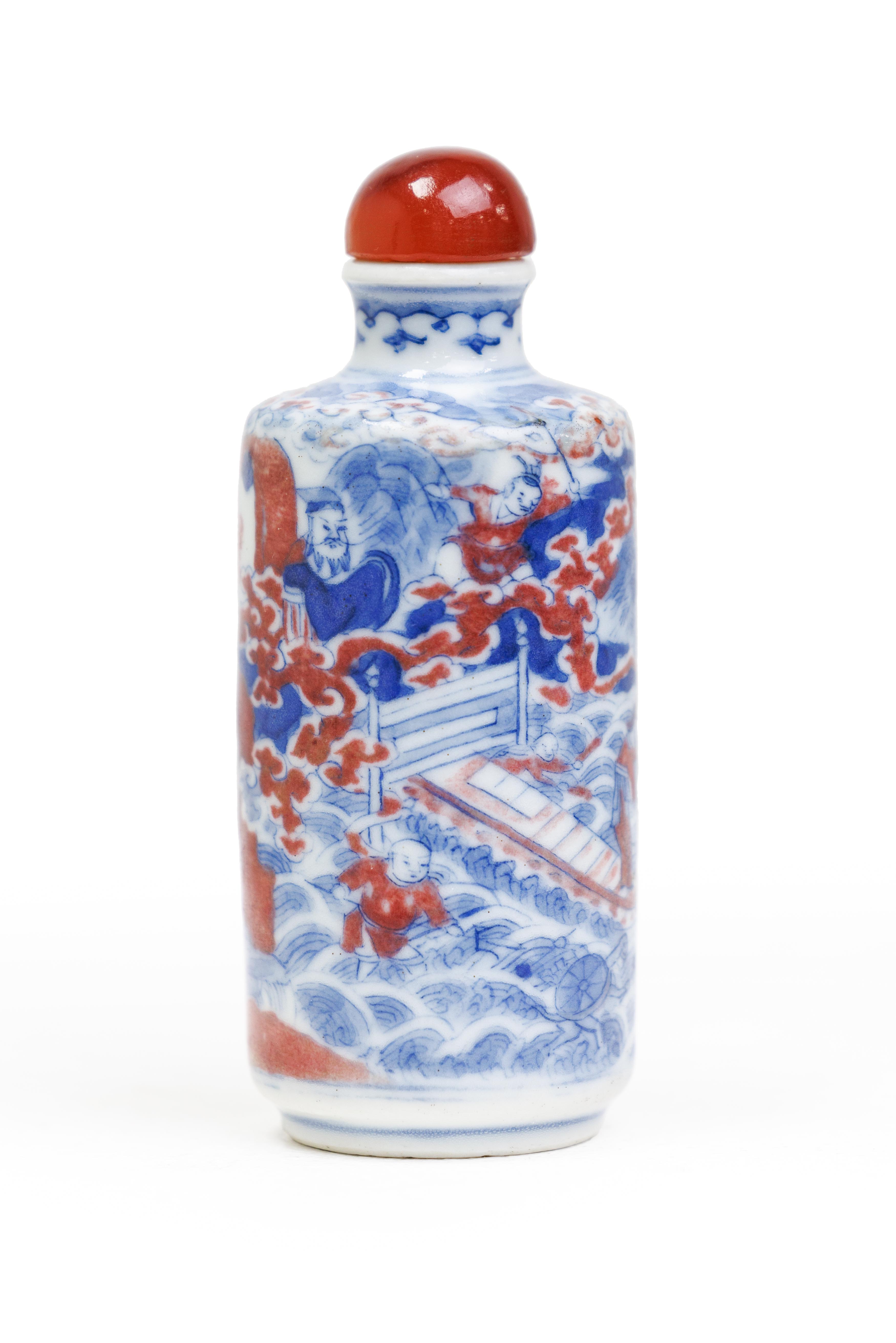 A Chinese underglaze red and blue and white 'narrative scene' snuff bottle Qing dynasty, 19th ce...