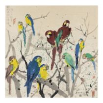 Wu Guanzhong (1919 - 2010) 'Parrots (II)', dated 1990 Artist-signed collotype print on rice pap...