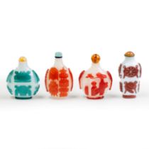 Four Chinese overlay glass 'hundred antiques' and 'Buddhist Emblems' snuff bottles Qing dynasty,...