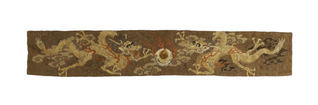 A Japanese 'dragon' embroidery 18th century Embroidered with couched gilt thread with two confr...