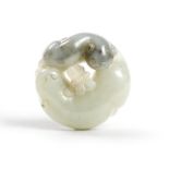 A Chinese grey and celadon jade carving of two cats Qing dynasty, 18th/19th century Carved in r...