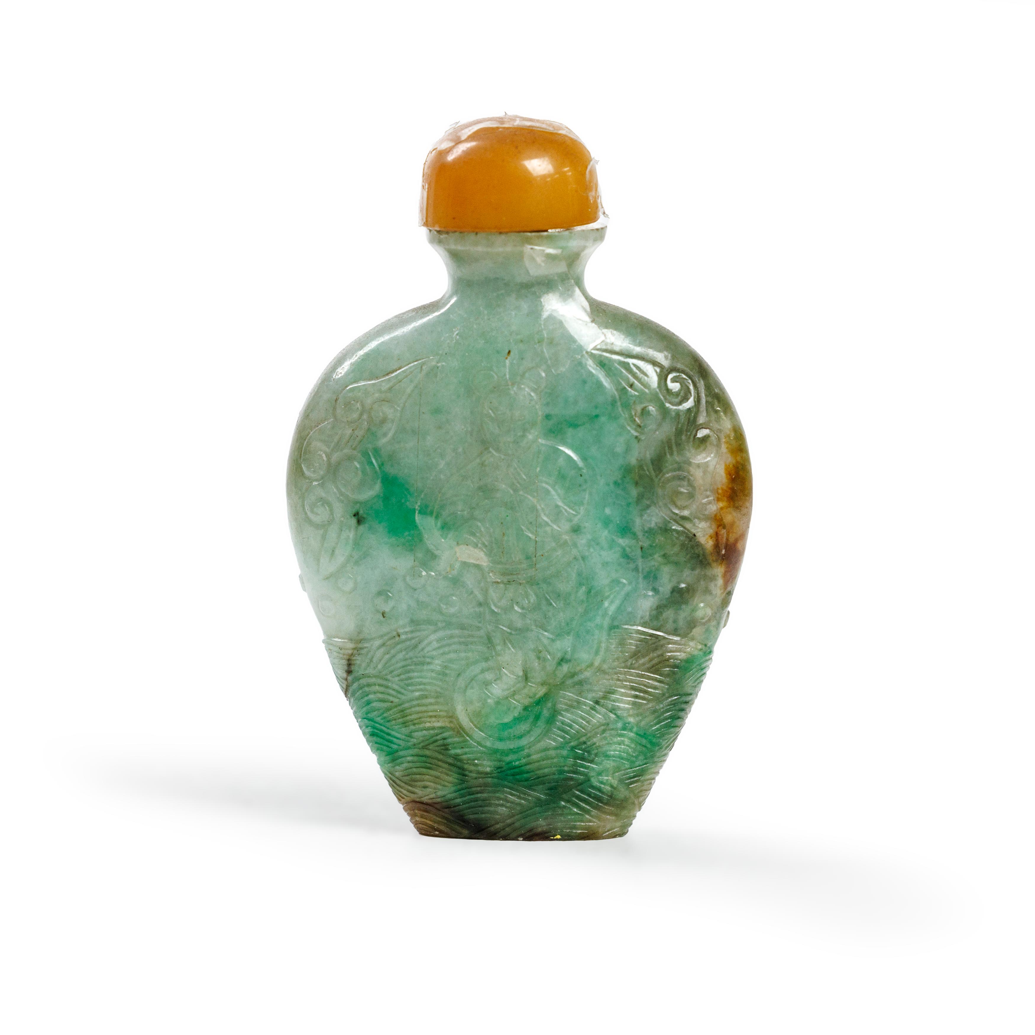 A Chinese jadeite snuff bottle Late Qing dynasty Of flattened baluster form, rising from a conv...
