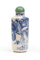 A Chinese blue and white 'battle' soft-paste porcelain snuff bottle Qing dynasty, 18th/19th cent...