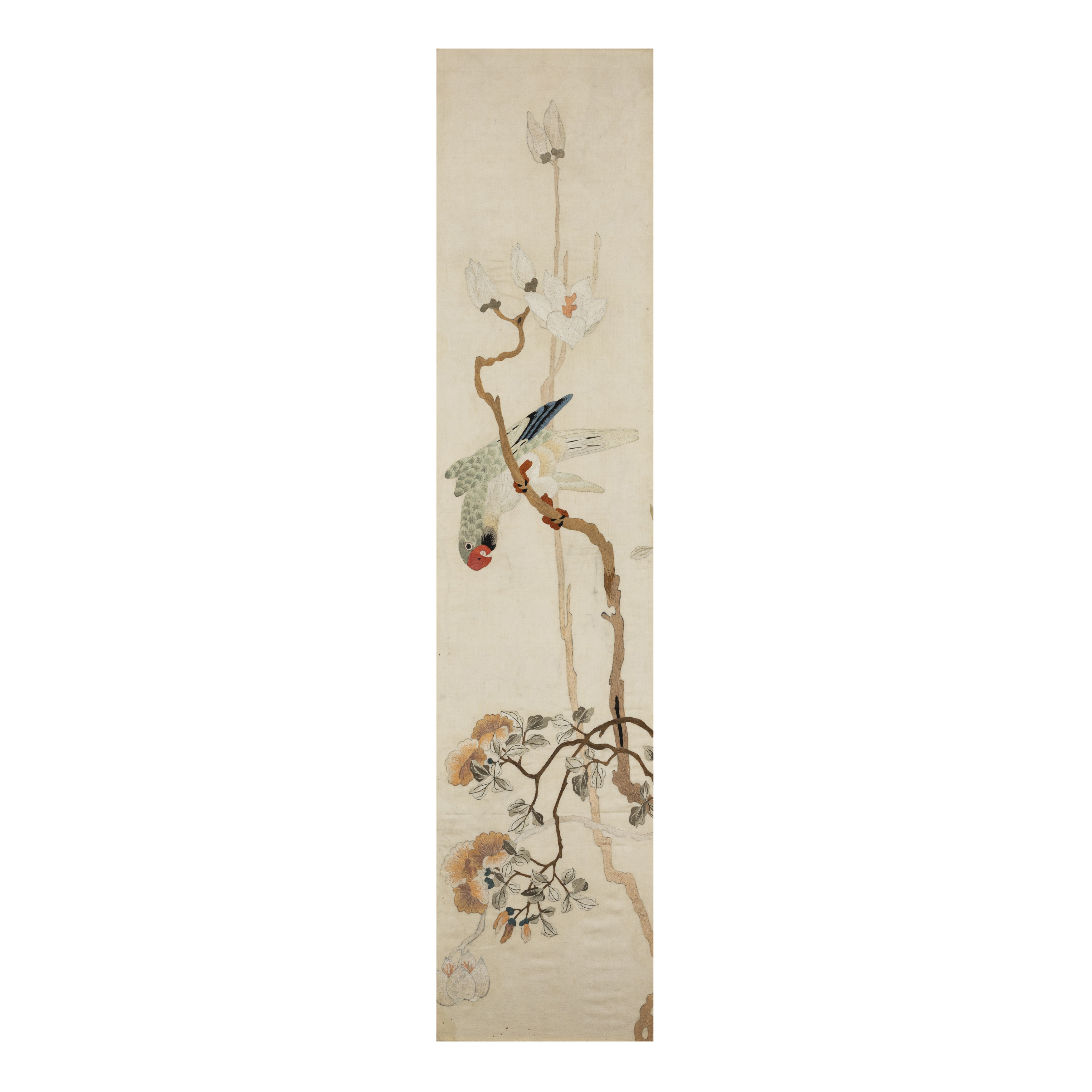 A set of silk embroideries of the four seasons Late Qing dynasty Four pale cream silk panels em... - Image 4 of 5