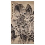 Minomushi Sanjin (1836–1900) A Japanese painting of waterfall, ink on paper mounted as hanging s...
