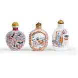 Three Chinese famille rose snuff bottles Late Qing dynasty, apocryphal Qianlong seal marks One ...