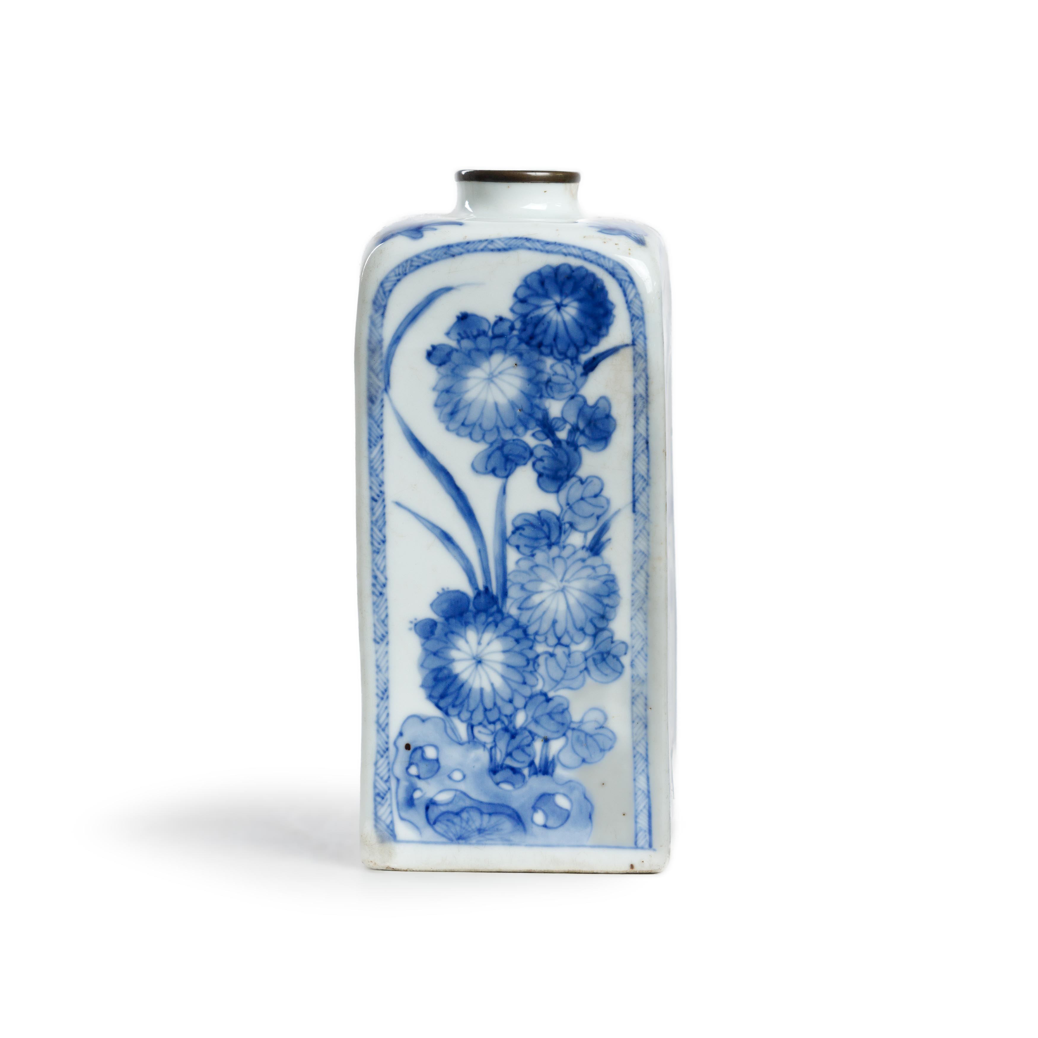 A Chinese blue and white square-section gin bottle Qing dynasty, Kangxi period Each of the four...