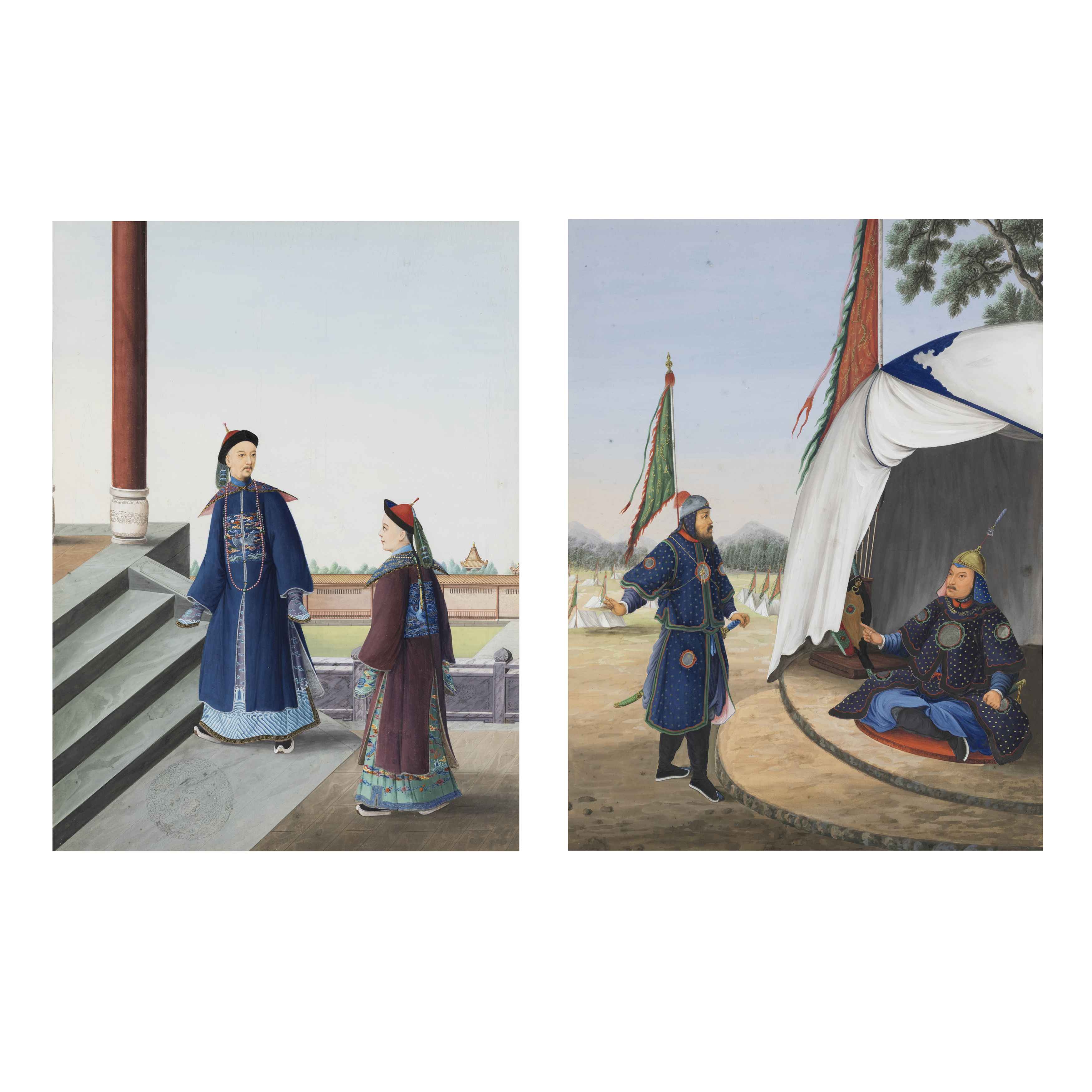 Chinese School, 19th century  'Court officials' and 'Soldiers at camp' Gouache on paper, two pa...