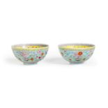A pair of Chinese famille rose 'bats and Buddhist Emblems' semi-eggshell bowls First half of 20t...