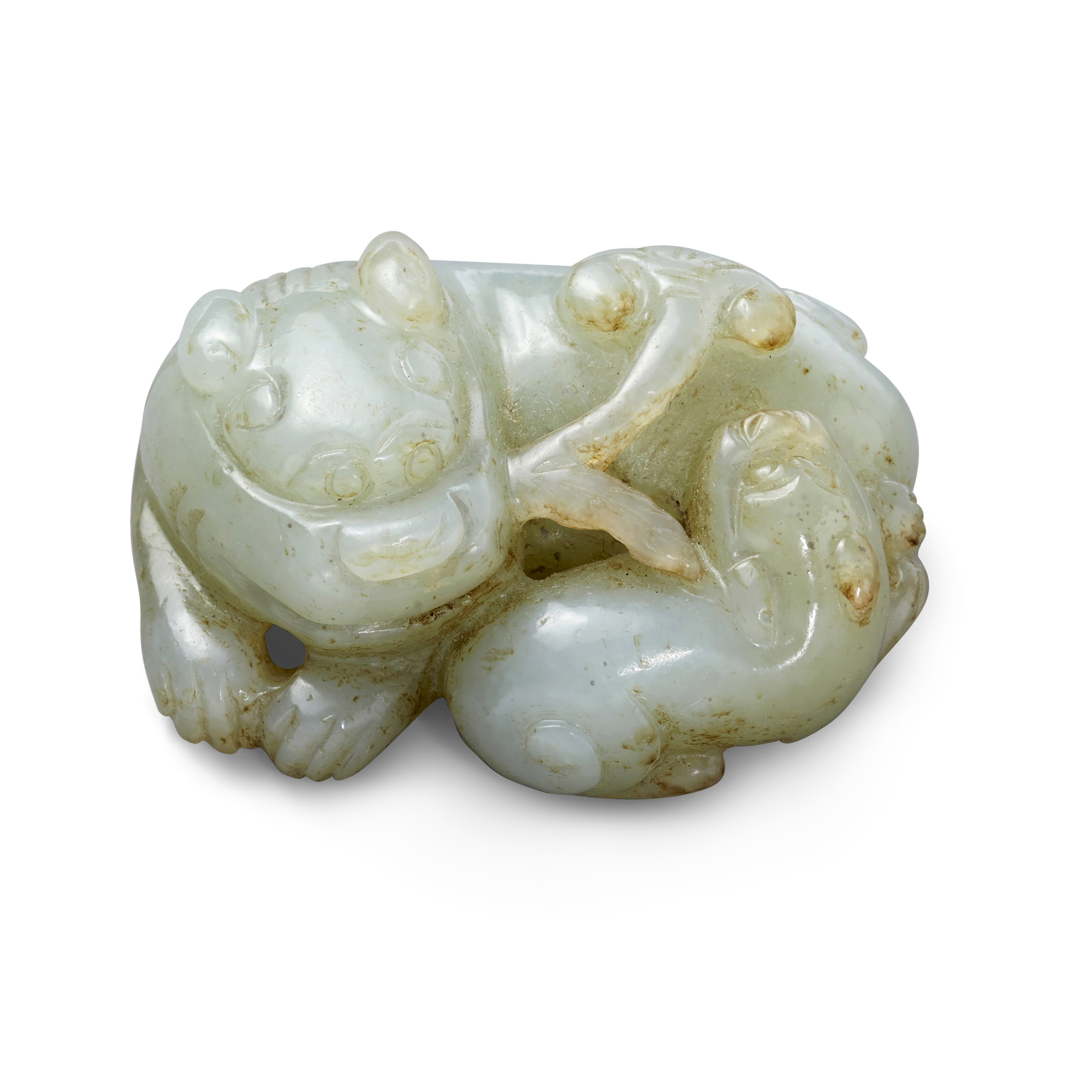 A Chinese green jade carving of a lion and cub Qing dynasty, 19th century The recumbent lions h...