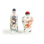 Two Chinese enamelled on sgraffiato ground 'dragons' snuff bottles Late Qing dynasty The first ...