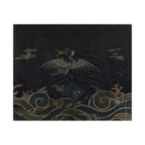 A Chinese dark blue-ground silk embroidery of a crane Mid Qing dynasty The crane finely embroid...