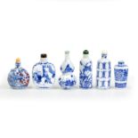 Five Chinese blue and white and one blue and white and underglaze red snuff bottle Late Qing dyn...