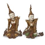 A pair of painted and gilt-wood, glass-inlaid figures of female devotees Thailand, 20th century ...
