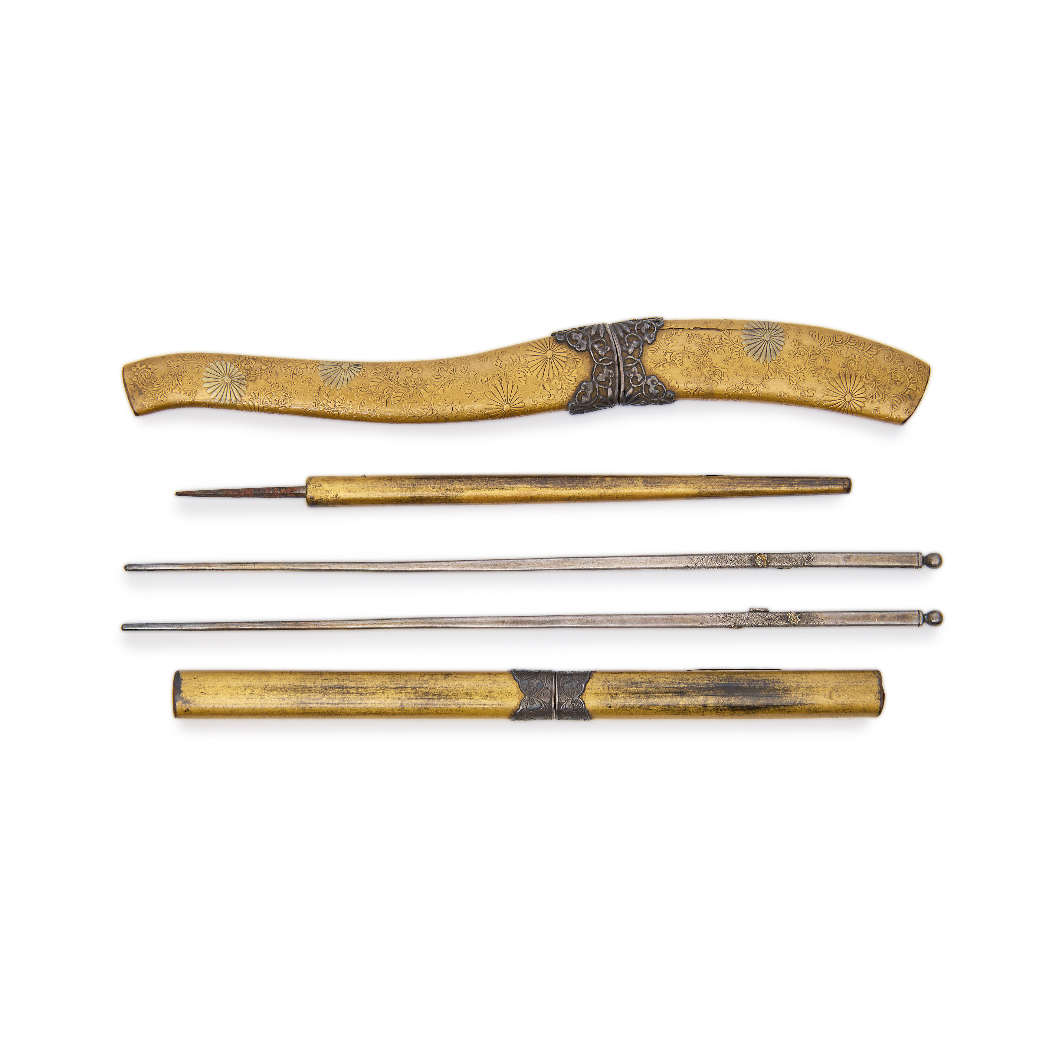 A set of Japanese ceremonial incense utensils  Meiji period Comprising pair of chopsticks cast ...