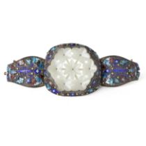 A  Chinese enamelled silver-filigree and white jade bangle Late Qing dynasty Centred around a h...