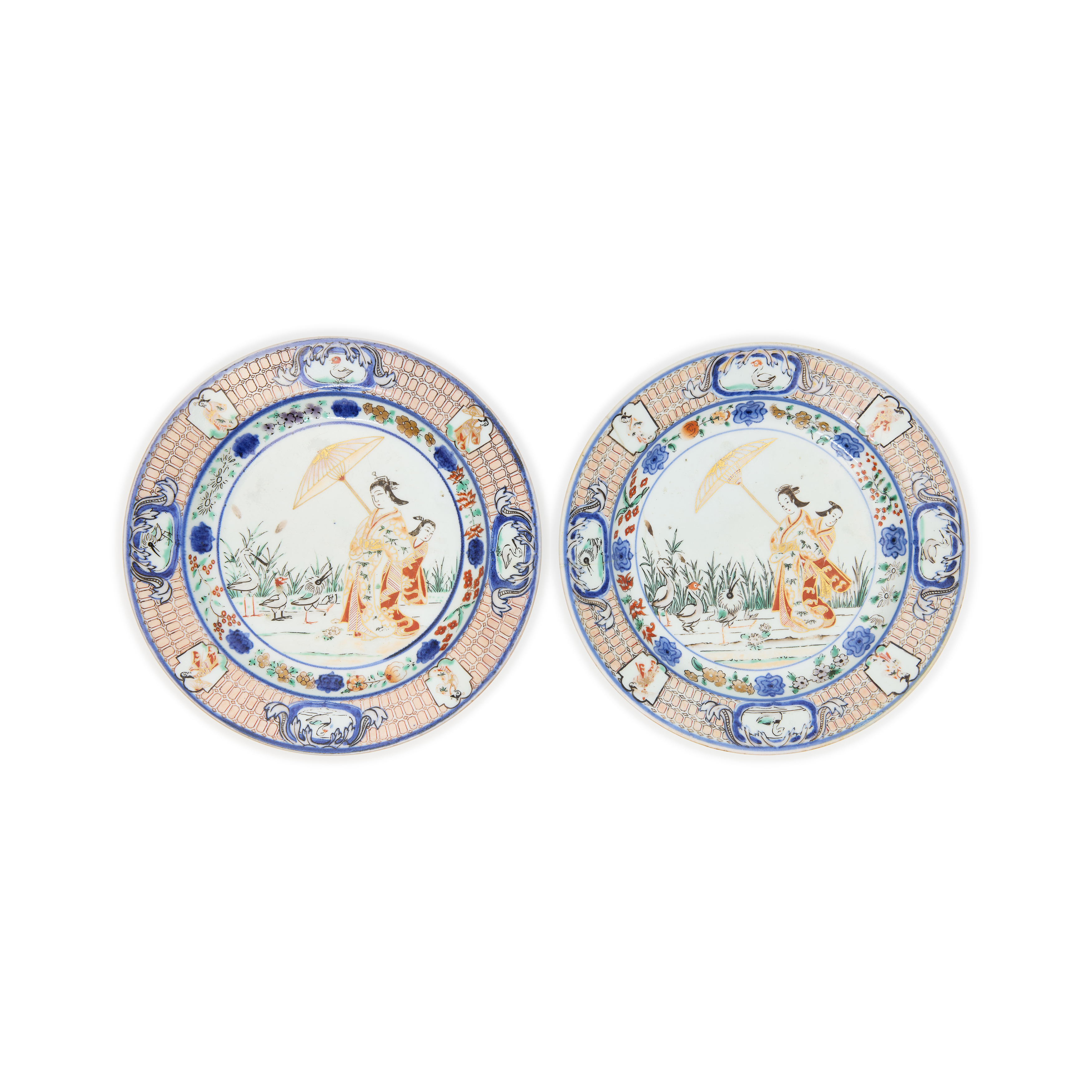 A pair of Japanese Imari-ware 'La Dame au Parasol' plates Edo period Each painted in underglaze...