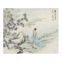 Fang Keng (20th century) 'Scholar in a landscape' Ink and colour on paper, inscribed with colop...
