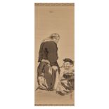 A Japanese figurative painting 19th/20th century Painted Ink on silk, mounted as hanging scroll...