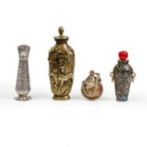 Three Chinese metal snuff bottles and one Indian white metal snuff bottle Late Qing dynasty, 19t...