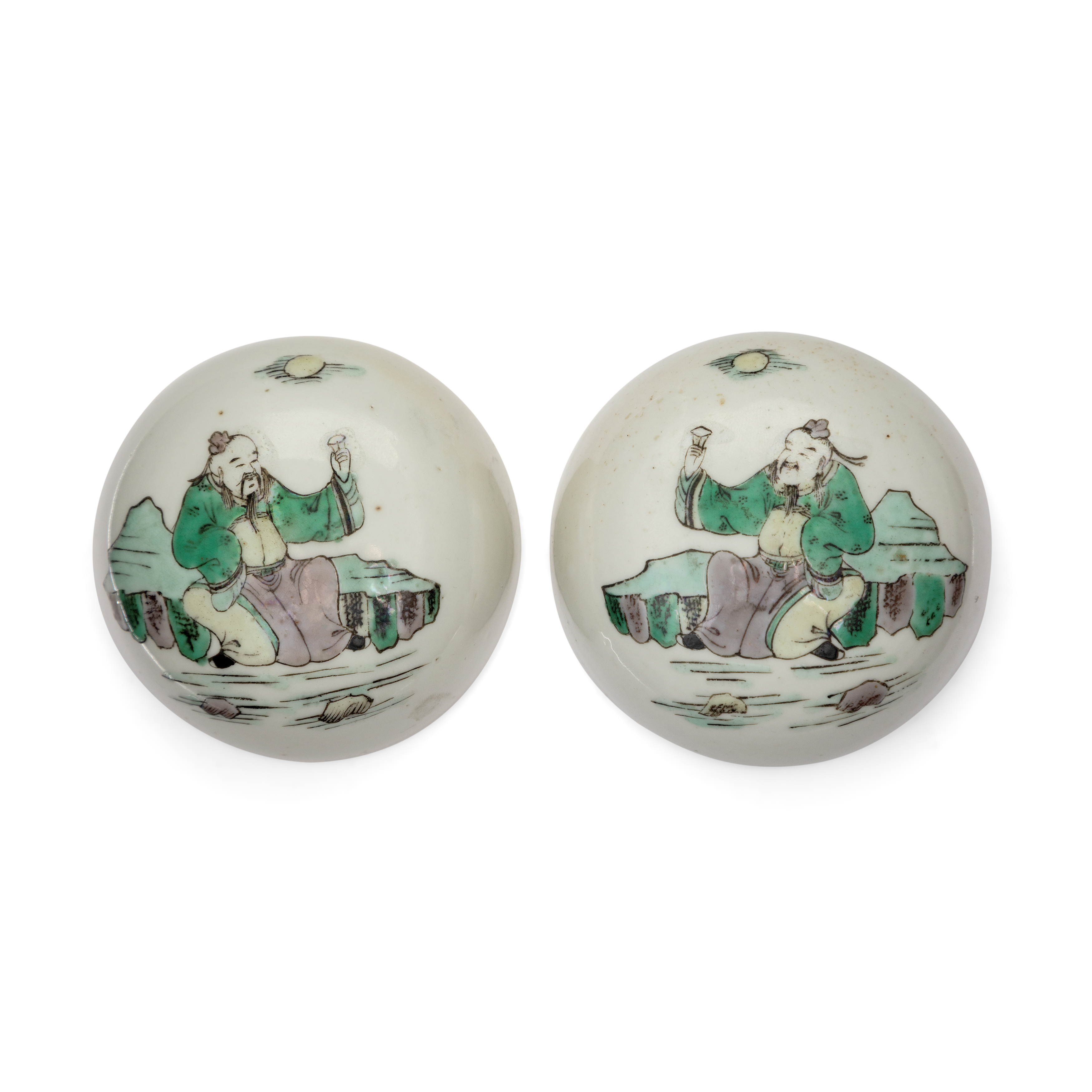 A pair of Chinese enamelled 'Li Bai' jar covers Late Qing dynasty Each of the domed covers enam...