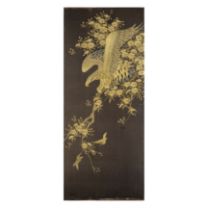 A Japanese silk embroidered picture of a hawk Meiji period Depicting a hawk perched on a bloss...