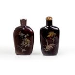 Two Chinese silver and gold inlaid lacquered wood snuff bottles Qing dynasty Each inlaid to one...