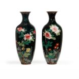 A pair of Japanese cloisonné enamel vases Meiji period Each of ovoid form with tapered foot, de...