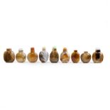 Nine Chinese agate snuff bottles Late Qing dynasty-20th century Included banded and an amber mo...