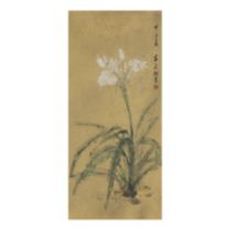 Wu Zaiyan (1911 - 2001) Finger painting of lilies Ink and colour on paper, with silk mount, dat...