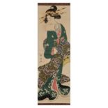 Katsukawa Shunsen (1762 - 1830) A Japanese Hashira-e depicting a lady in Kimono with a role of l...