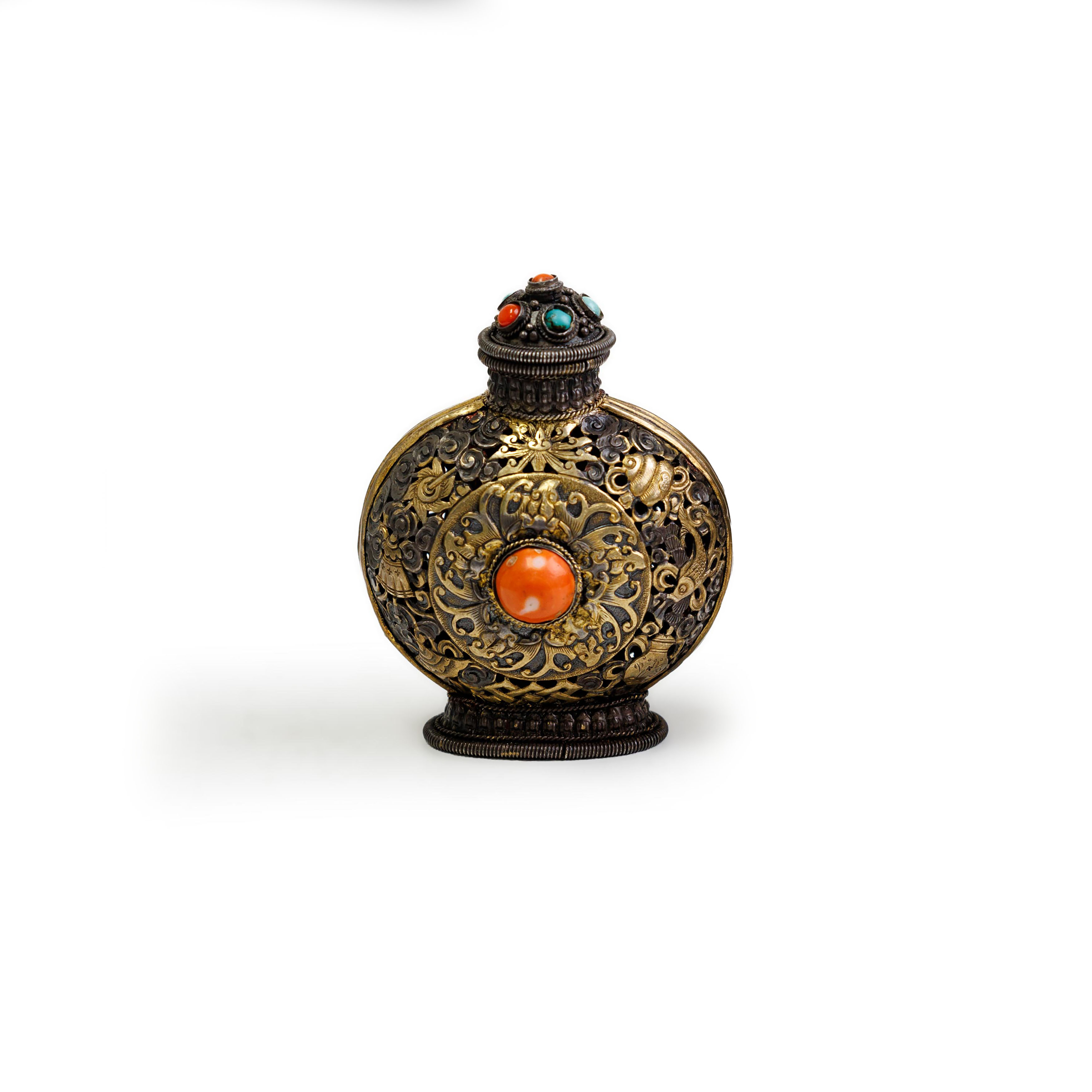 A gilt and silvered Mongolian-style snuff bottle and stopper Qing dynasty, 18th/19th century Co...