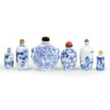 Six Chinese blue and white snuff bottles Qing dynasty, 19th century Comprising: a large moulded...