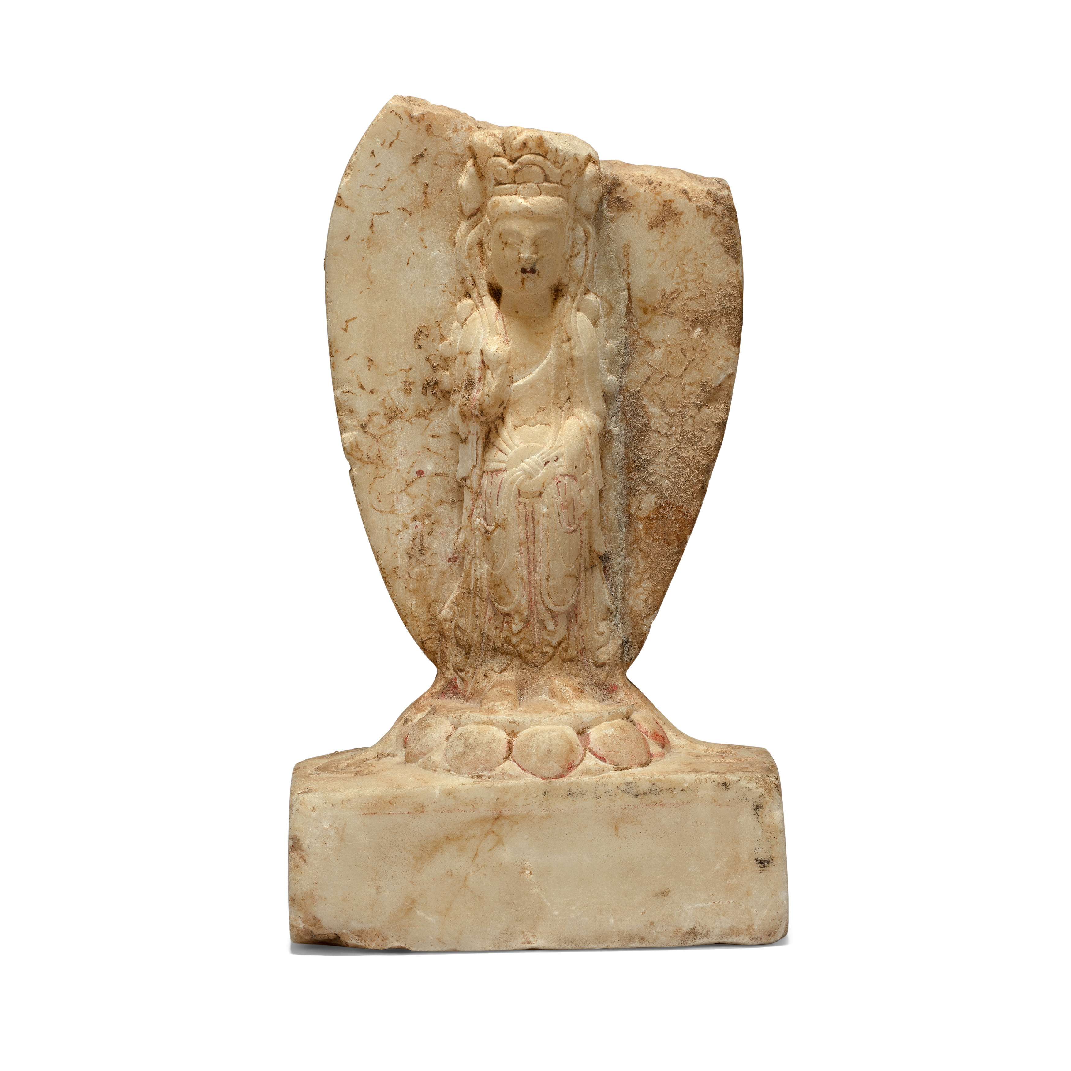 A Chinese marble Buddhist votive stele Sui dynasty Carved as a bodhisattva standing on a lotus ...