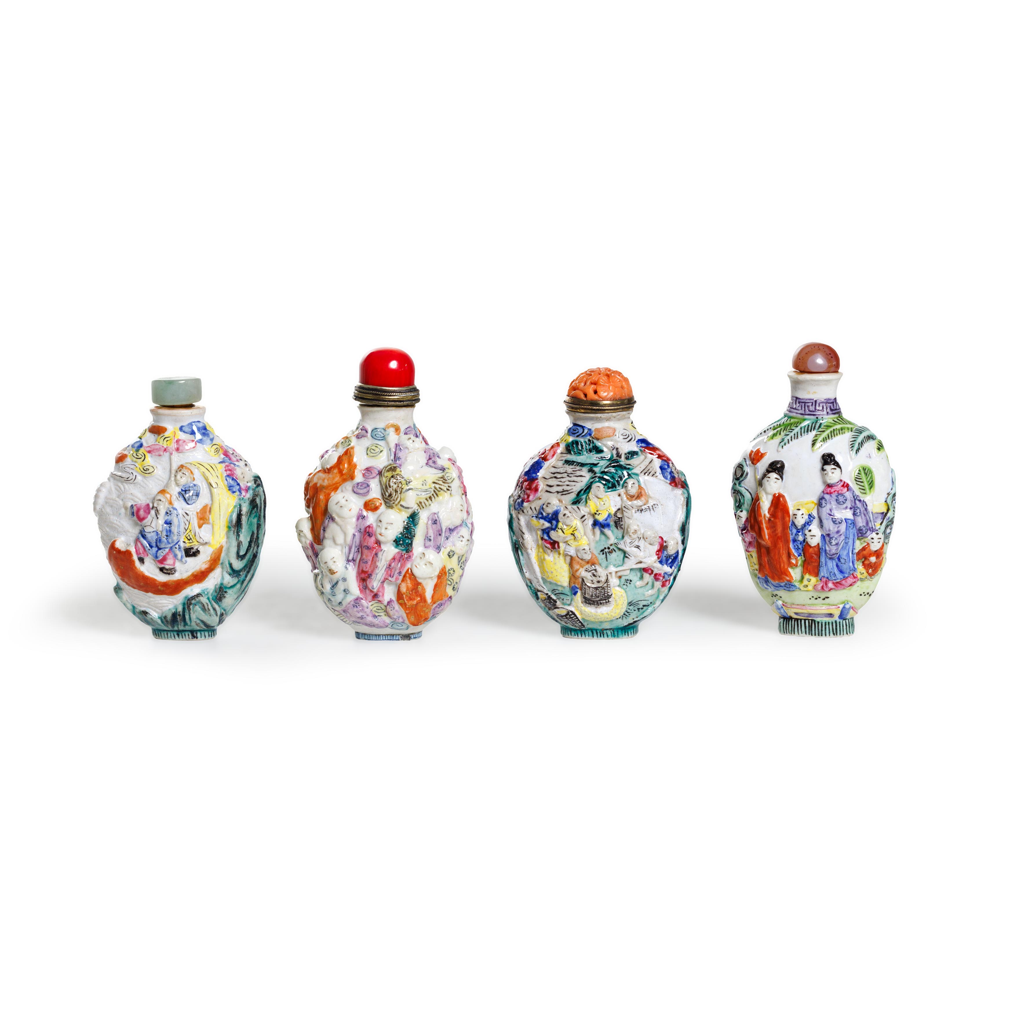 Four Chinese famille rose moulded snuff bottles Late Qing dynasty/Republic period, apocryphal Qi...