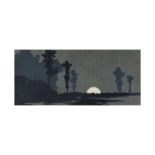 Uehara Konen (1878-1940) Moonrise A Japanese wood block print depicting a scene of moon rising ...