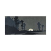 Uehara Konen (1878-1940) Moonrise A Japanese wood block print depicting a scene of moon rising ...