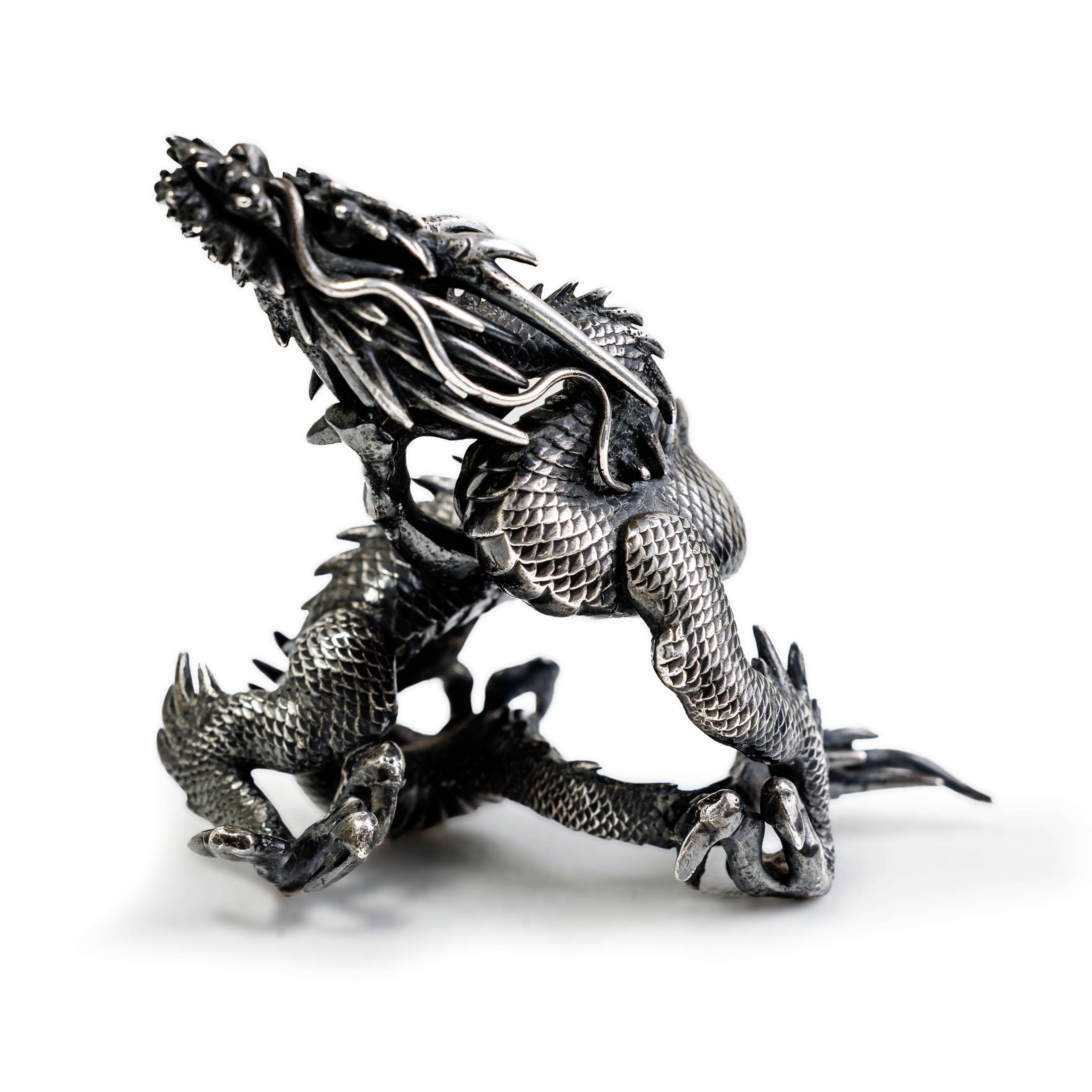 A Japanese white metal and enamel okimono of a dragon Meiji period, unmarked The beast tightly ... - Image 2 of 2
