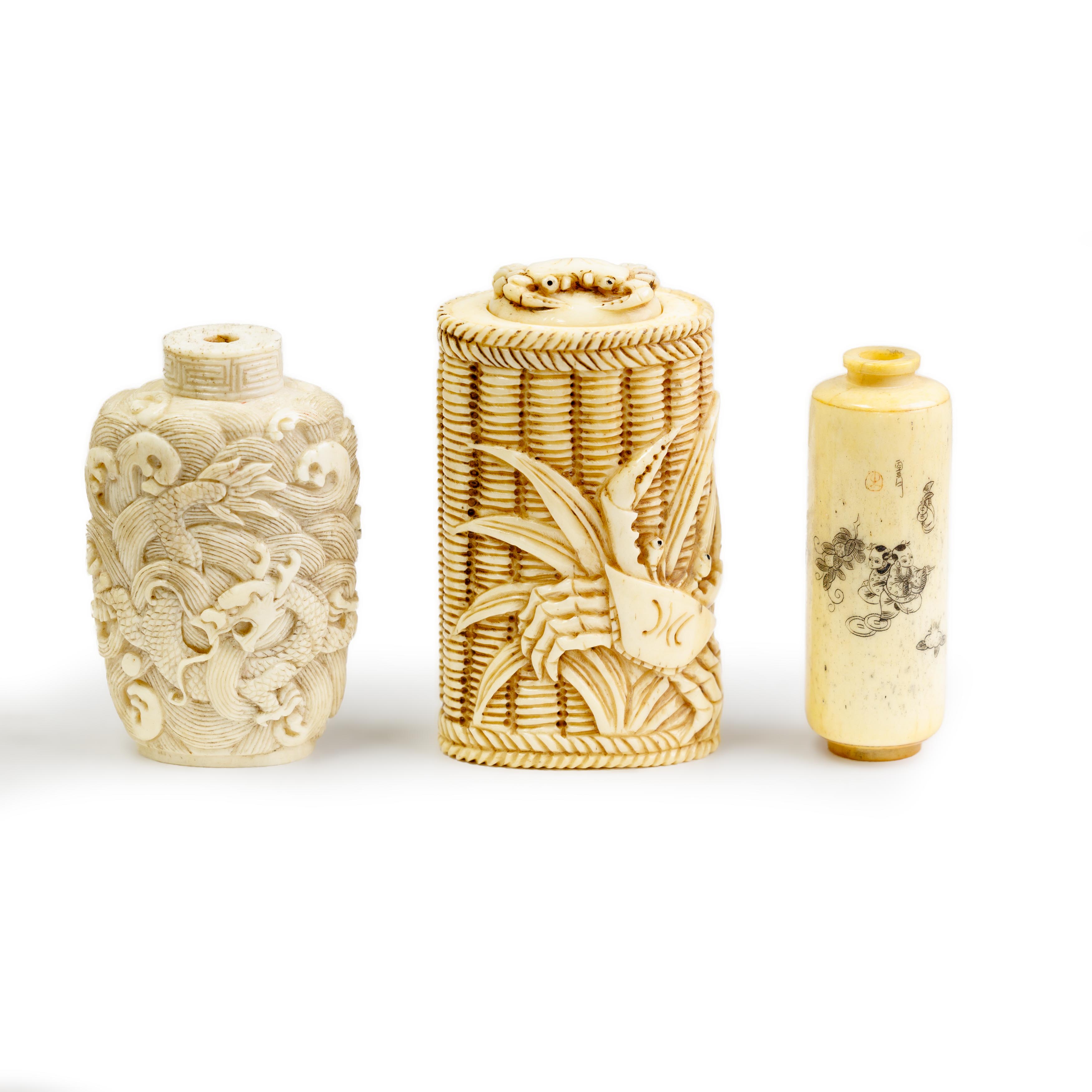 Two Chinese cattle bone snuff bottles and one Japanese cattle bone 'crabs' snuff bottle Late Qin...