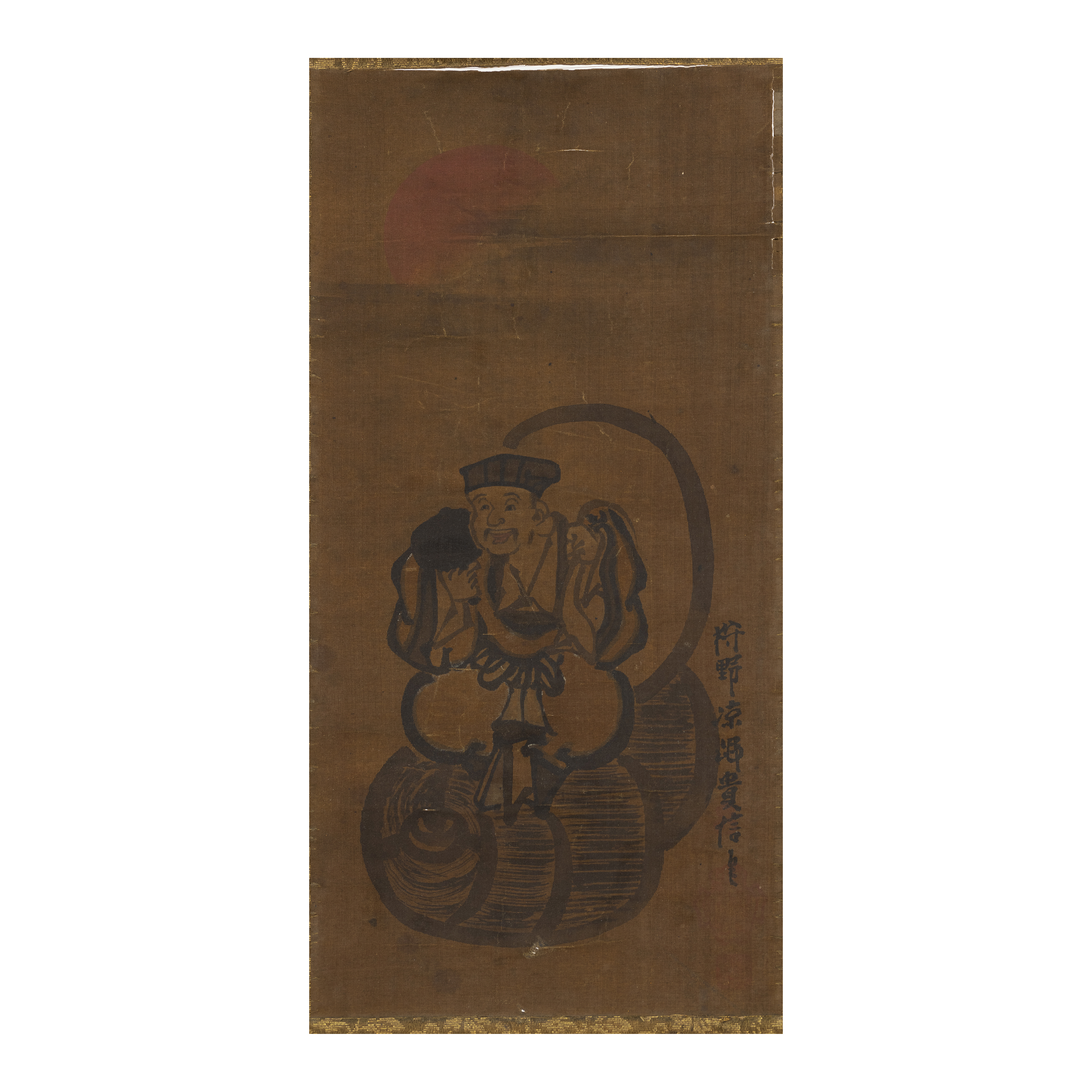 Kano Ryomi (Edo period) A Japanese ink and colour on silk painting of a figure standing on barre...