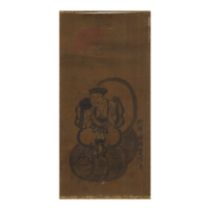 Kano Ryomi (Edo period) A Japanese ink and colour on silk painting of a figure standing on barre...