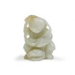 A Chinese pale green jade carving of Liu Hai and his toad Qing dynasty, 19th century Carved fro...