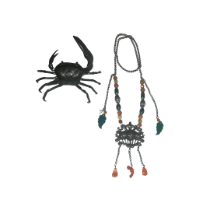 A Chinese white metal and hardstone necklace and a Japanese bronze figure of a crab Early 20th c...