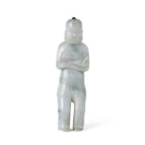 A Chinese jadeite figure Late Qing/Republic period The bearded figure wearing a Manchu hat atop...