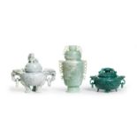 Two Chinese hardstone tripod censers and a hardstone vase and cover 20th century One dark green...