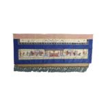 A Chinese silk embroidered altar front Late Qing dynasty The main panel depicting dignitaries a...